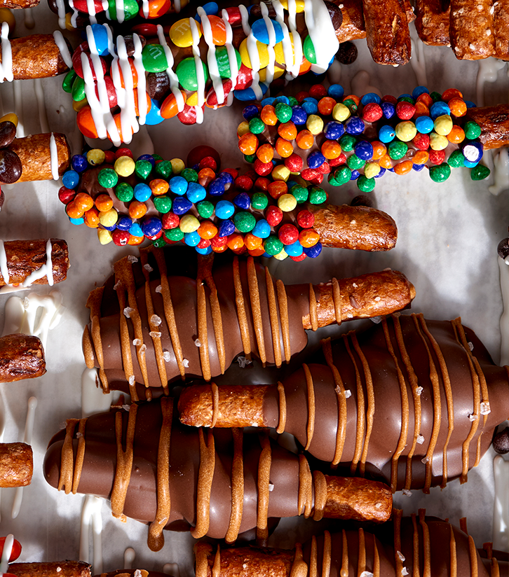 Closeup of chocolate covered pretzels